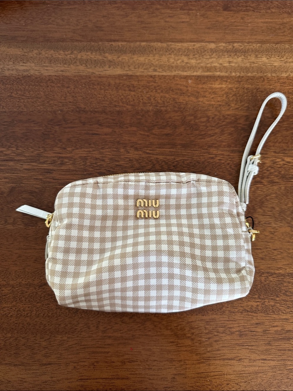 Miu Miu Beige and White Gingham Wristlet Clutch Pouch Authentic with CoA New